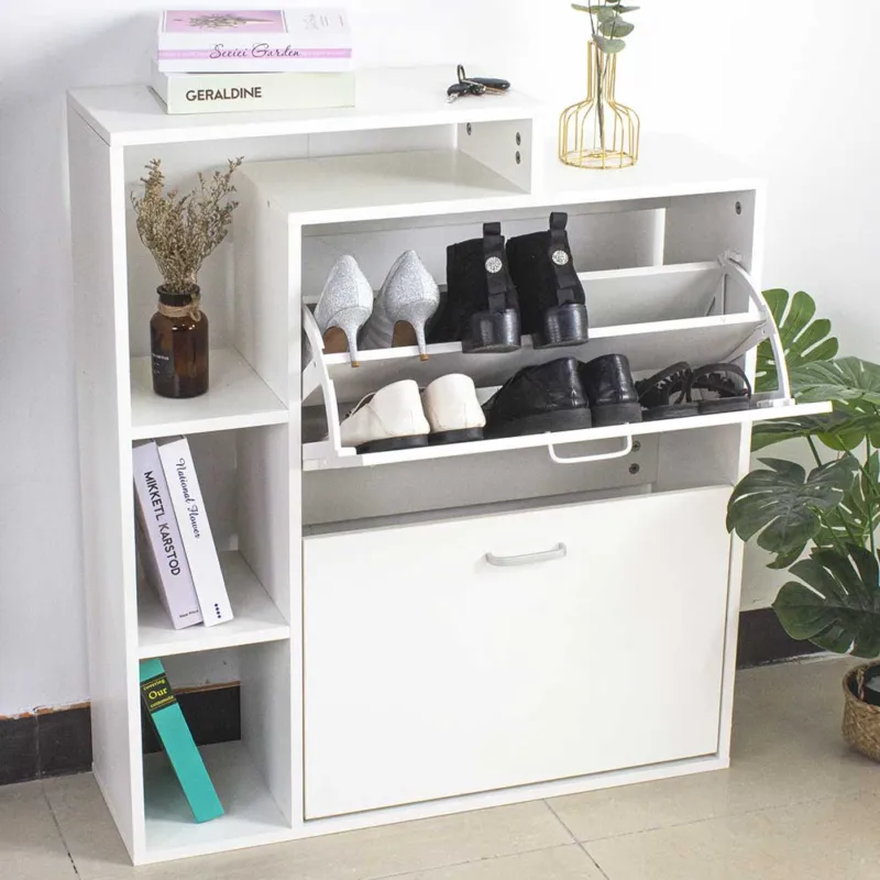 Scarpiera 2 Ante Doppia Profondita + Scaffale Libreria 4 Ripiani Bianco 80x24x90 Offerta Lampo