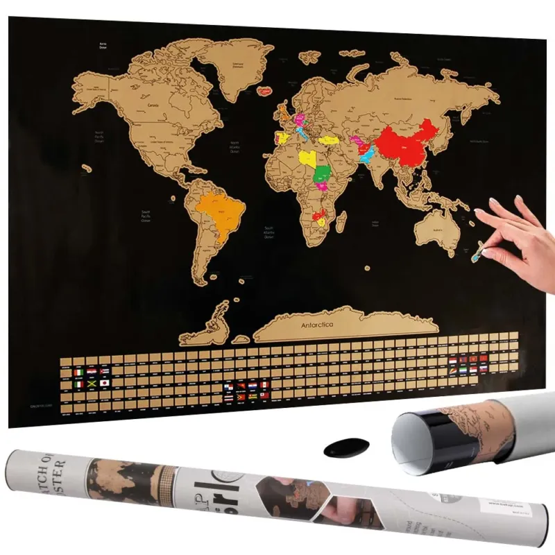 Poster Mappamondo da Grattare con Bandiere Cartina Mappa del Mondo 80x60 Nero Nuova Collezione