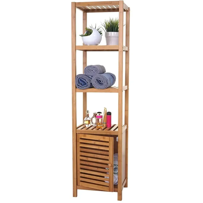 Mobile Scaffale Bagno a Colonna 4 Ripiani e Sportello Legno Bambu 36x33x140cm Compra Oggi Stesso