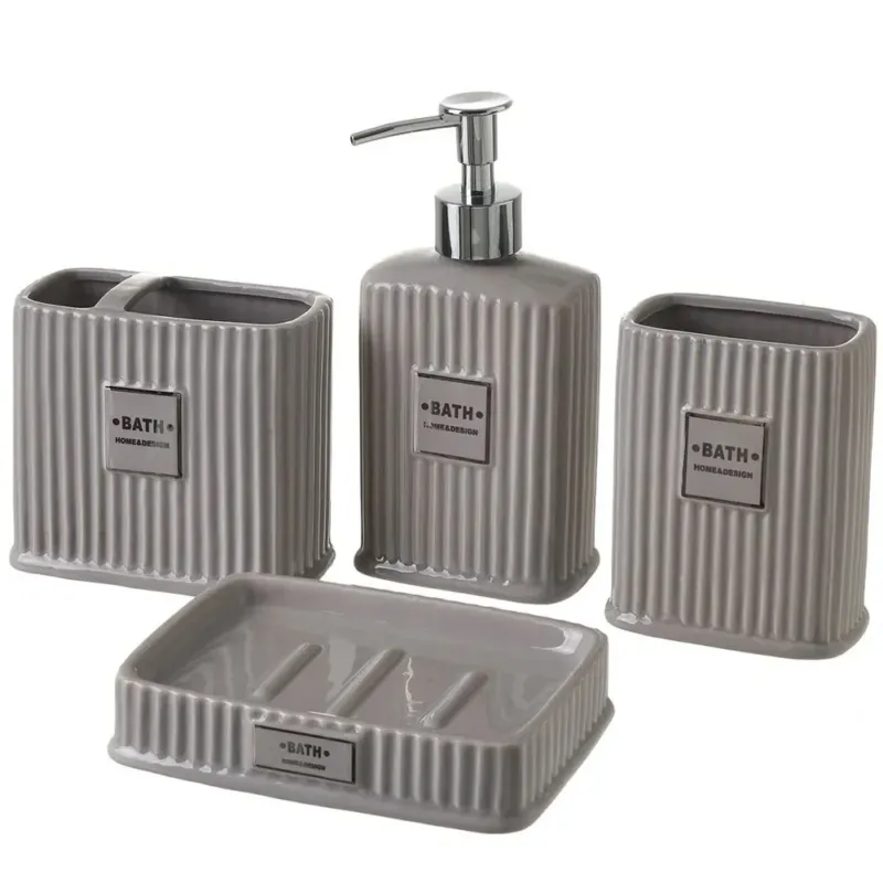 Solo Oggi Set da Bagno in Ceramica Dispenser Porta Spazzolini Bicchiere Portasapone Grigio