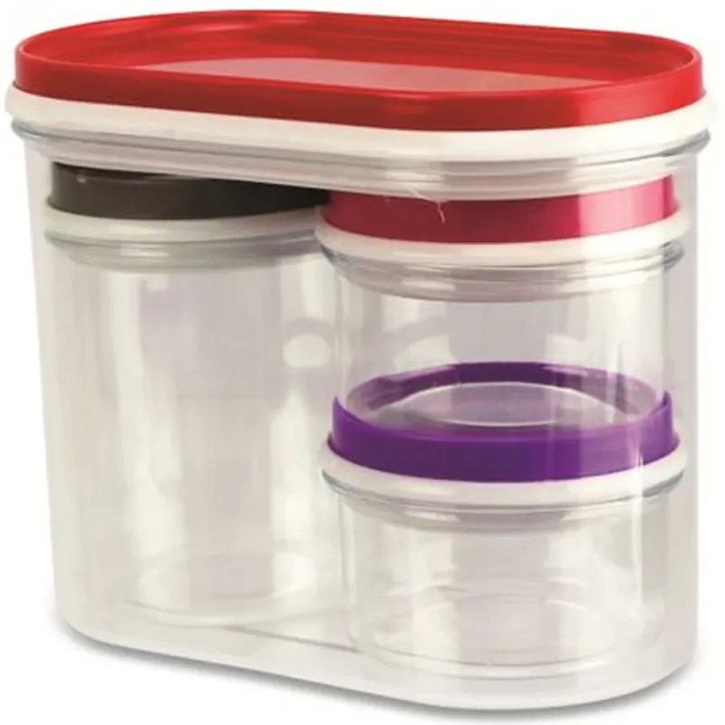 Set 4 Barattoli Contenitori in Plastica Trasparente Tappi Colorati 90/230/970 ml Prezzo Ridotto
