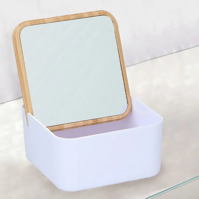Pagamento Sicuro Portagioie con Specchio e Coperchio in Bambù Organizer per Trucco Portaoggetti