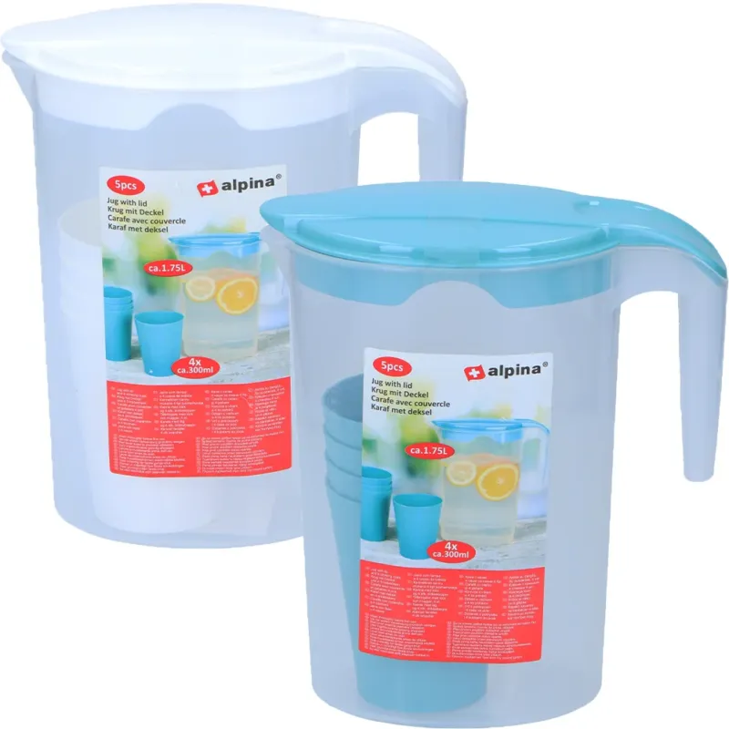 Caraffa Brocca con 4 Bicchieri Colori Assortiti Coperchio Chiusura Antigoccia Prezzo Ridotto