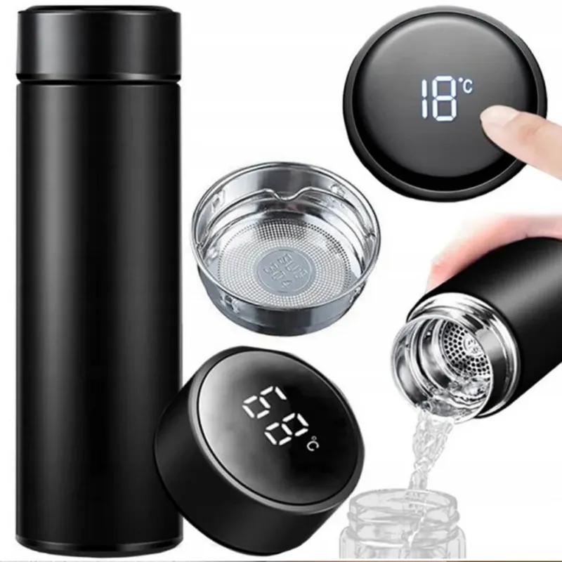 Thermos Digitale Borraccia Termica Capacità 480 ml Tappo Antiperdita Acciaio Nero Soddisfatti O Rimborsati