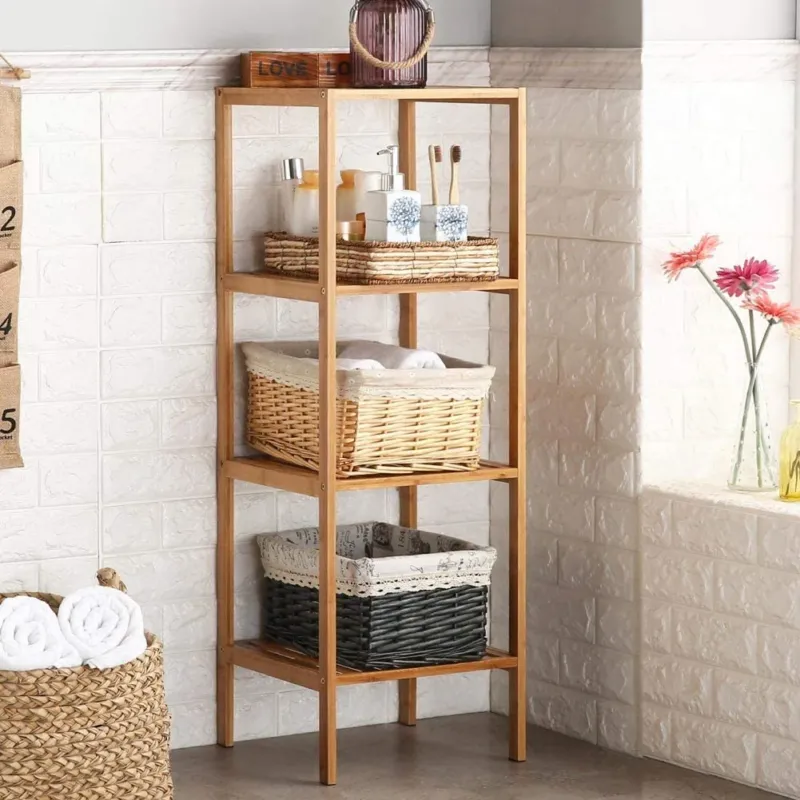 Mobile Scaffale Bagno a Colonna 4 Ripiani Libreria Angolo Legno Bambu 33 x 110cm Professionale