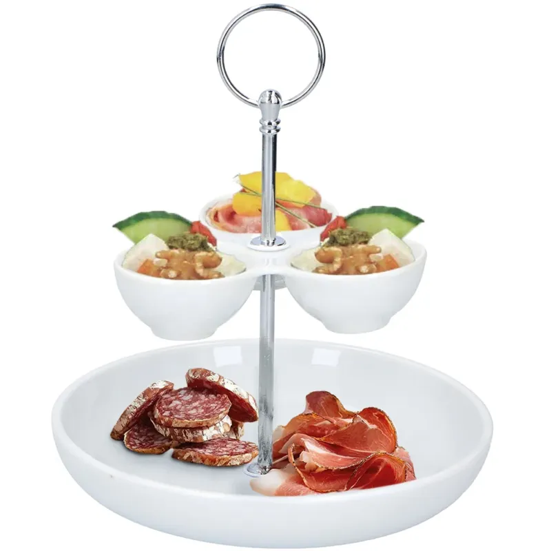 Saldi Piatto Alzatina Rotonda in Ceramica Aperitivo 2 Ripiani Impugnatura Acciaio Inox