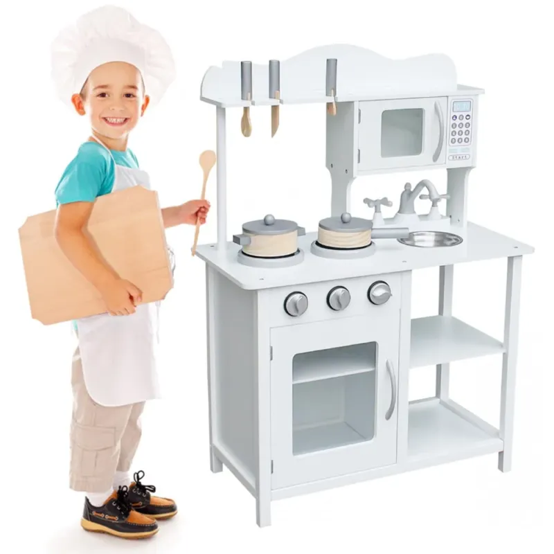 A Buon Prezzo Cucina in legno Giocattolo Bambini con Pentole e Accessori Gioco Bianco 60x30x85