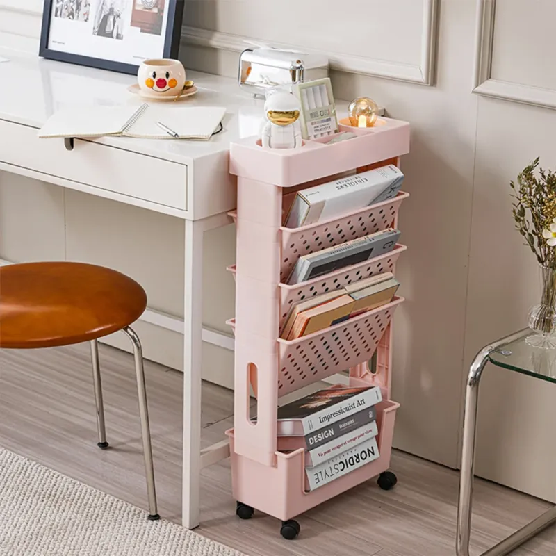 Offerta Lampo Carrello Portadocumenti con 4 Ruote Scaffale Libreria Rosa Salvaspazio 5 Ripiani