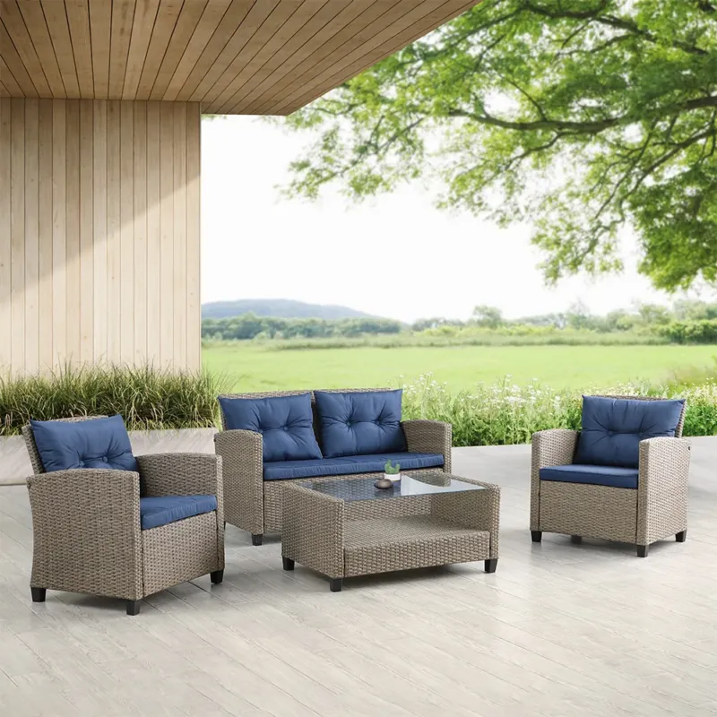 Must-Have Set da Giardino Polyrattan con 2 Poltrone + Tavolino e Vetro + Divano da Esterno
