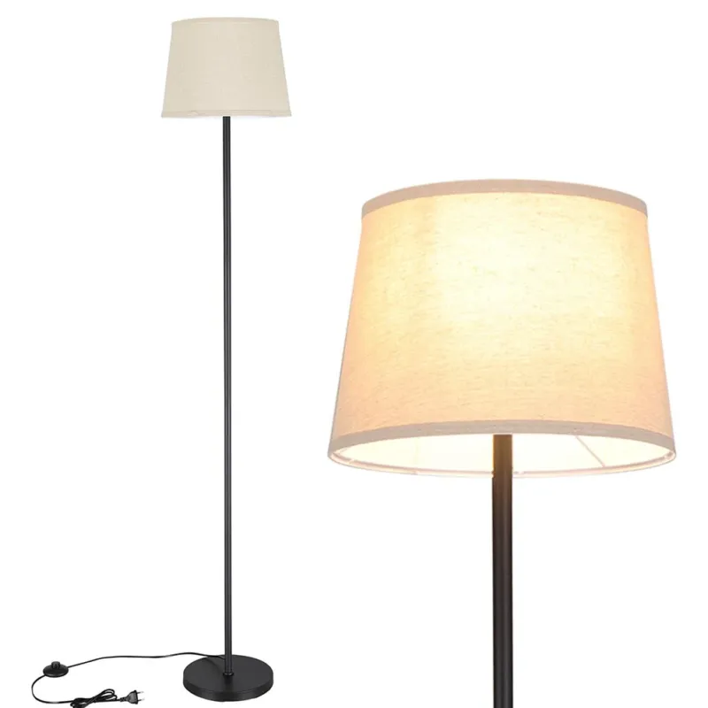 Lampada Piantana Terra Design Moderno Paralume E27 Tessuto e Metallo Nero Popolare