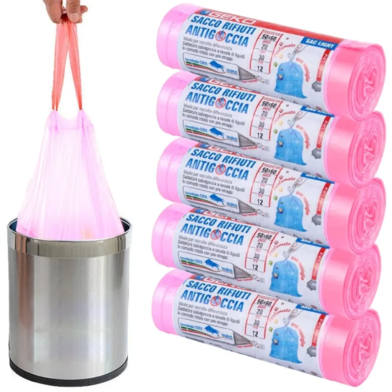 5 Rotoli Sacchetti Buste Spazzatura Profumati 30Lt 50x60 con Manici Rosa 100pz Nuovo Arrivo