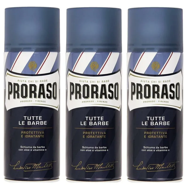 Offerta Lampo 3 x Proraso Blue Schiuma da barba Tutte le Barbe Protettiva Idratante Promo 3pz