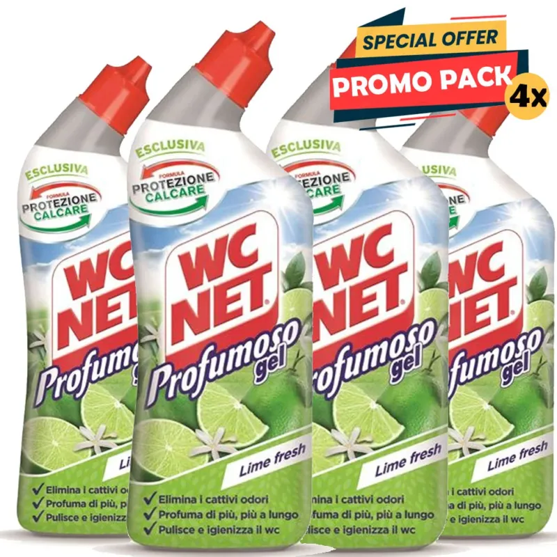 4 x 700 ml Wc Net Profumoso Gel Detergente Liquido per Sanitari Essenza Lime Quantità Limitata