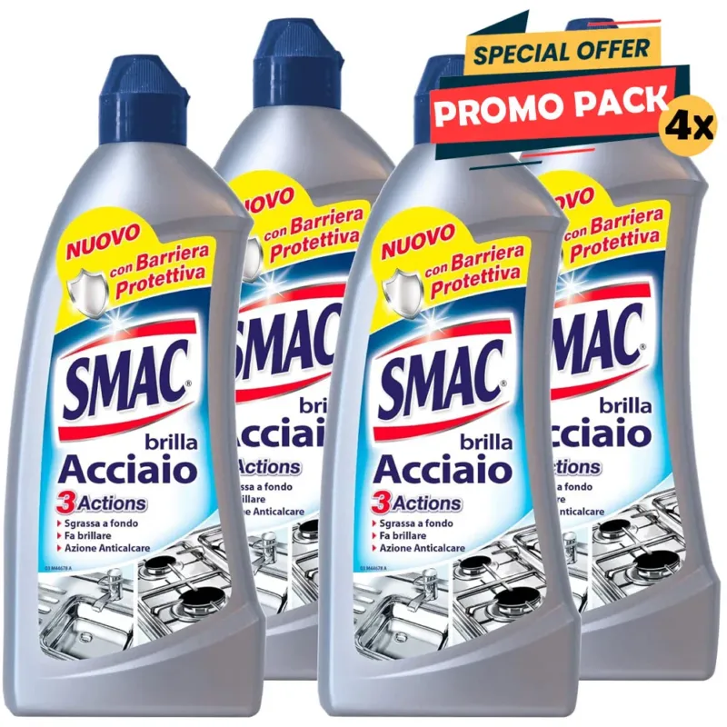 4 x 520 ml Smac - Brilla Acciaio Detergente Crema Azione Anticalcare e Lucidante Novità