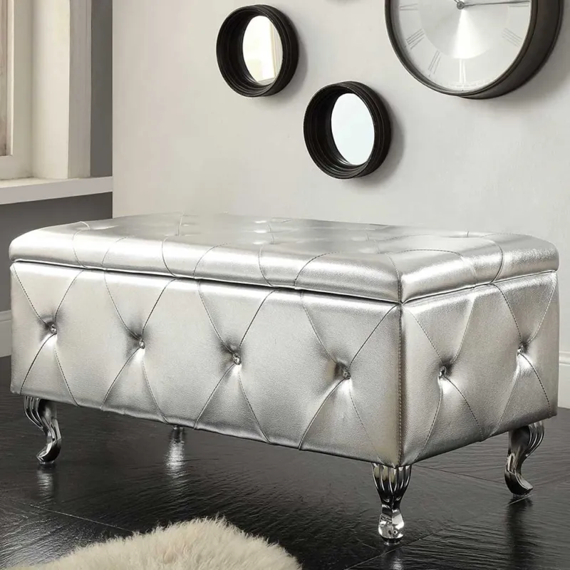 Promozione Esclusiva Cassapanca Pouf Contenitore Panca Sgabello Poggiapiedi Legno Ecopelle Argento