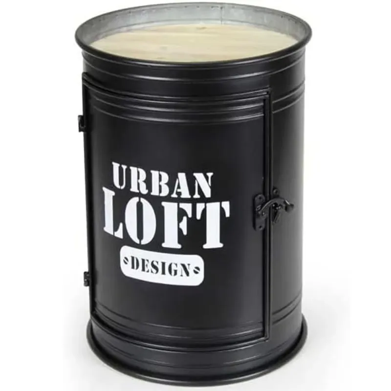 Nuova Collezione Tavolino Contenitore Bidone Tondo Struttura in Metallo Nero e Ripiani in Legno