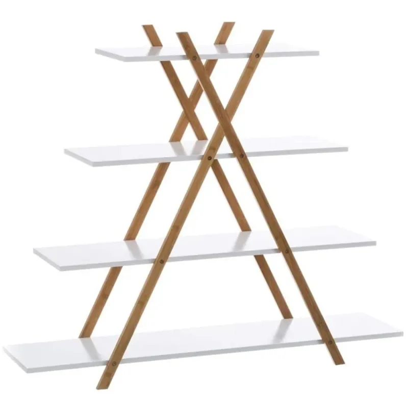 Libreria Design Moderno Scaffale 4 Ripiani Legno MDF e Bambu Casa Ufficio Bianco Promo Stagionale