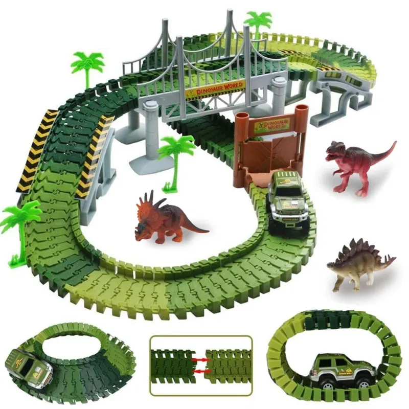 Pista Macchinine Flessibile Parco Dinosauri Costruzione 192pz con Macchinina Di Tendenza