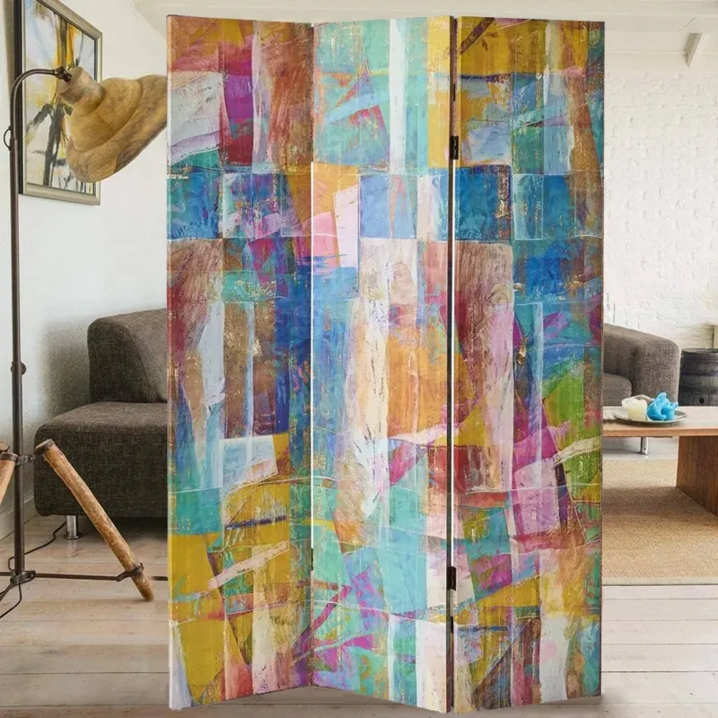 Promo Stagionale Paravento Separé 3 Pannelli Struttura Legno Stampa Tela Artista Astratta 180x120cm