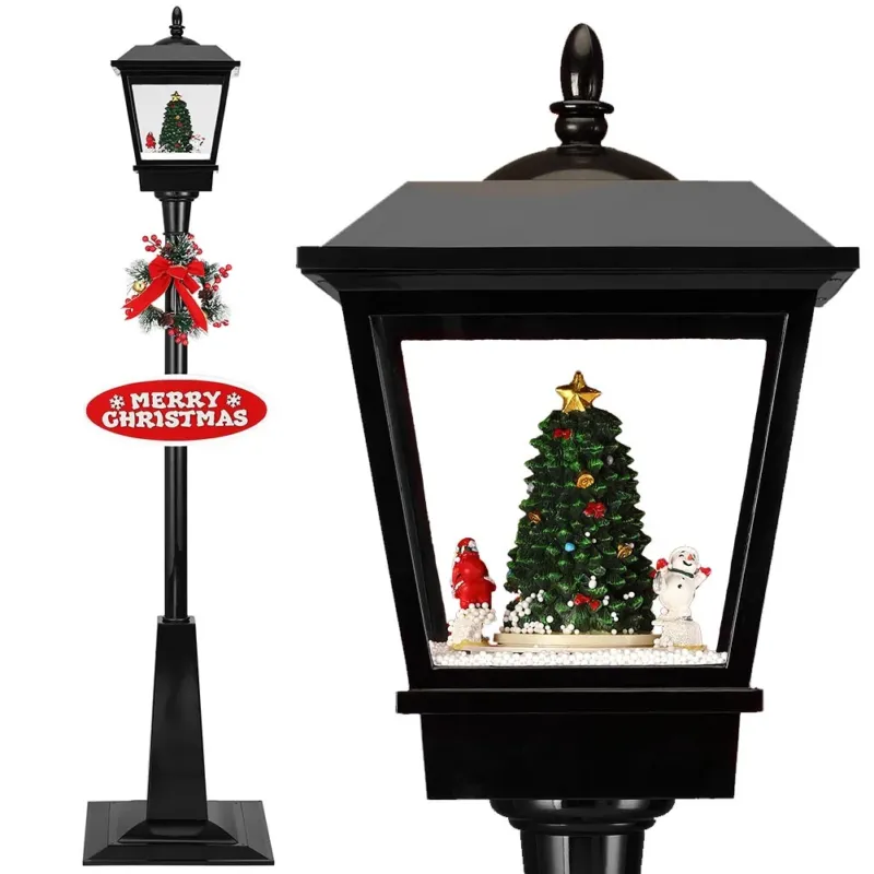 Quantità Limitata Lampione Natale con Luce LED Scena Natalizia Motorizzata Neve Musica 180 cm Nero