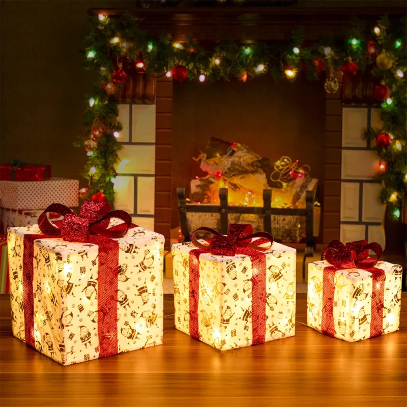 Spedito Oggi Set 3 Pacchetti Pacchi Regalo Luminosi Natale Fiocco Rosso e Luce Bianco Caldo