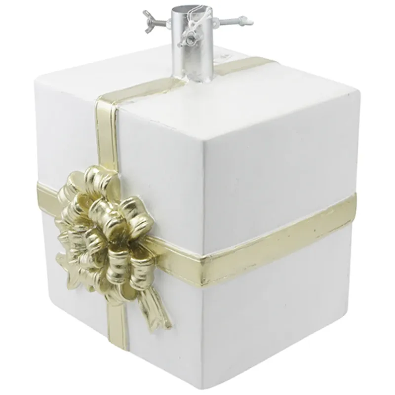 Base Albero Natale Forma Pacco Regalo Supporto Universale Bianco Oro 26x24x32cm Quantità Limitata