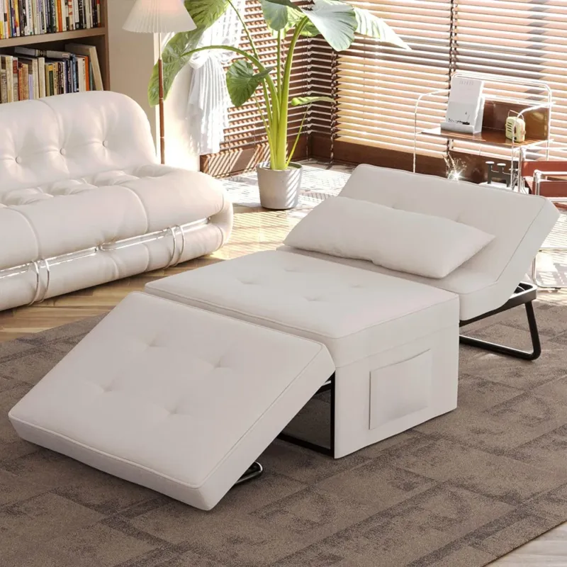 Divano Letto 4 in 1 Poltrona Chaise Longue Ottomana Beige con Tasca Laterale Pagamento Sicuro