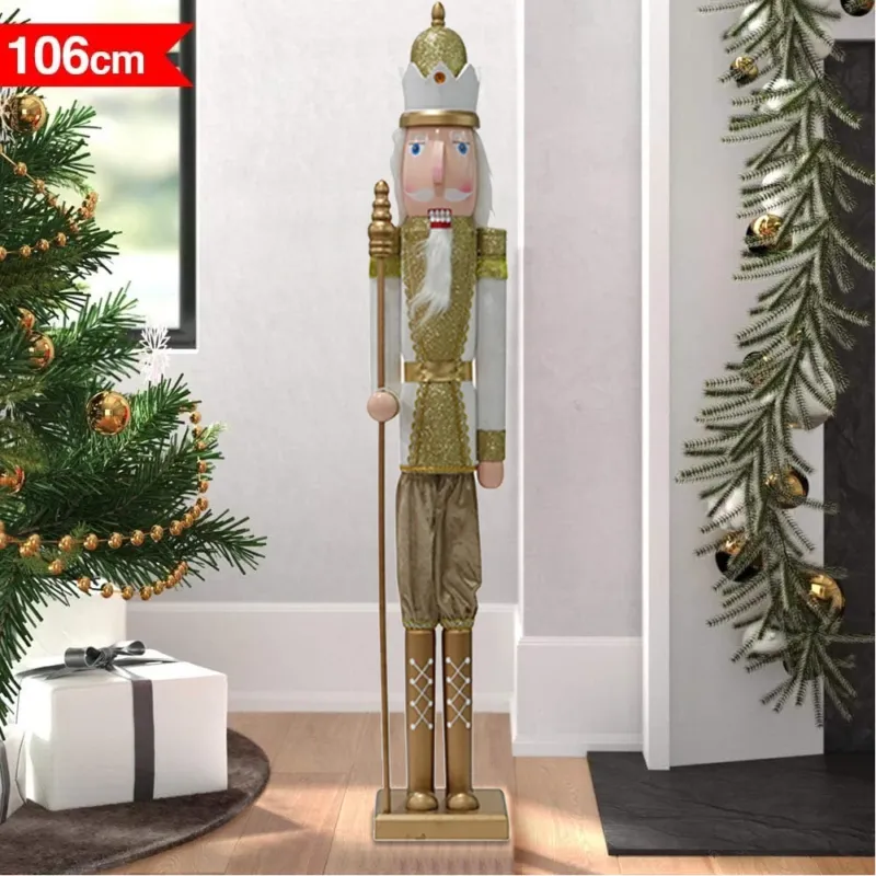 Soldato Schiaccianoci Natale in Legno 106 cm Decorazione Natalizia Oro e Bianco Spedito Oggi