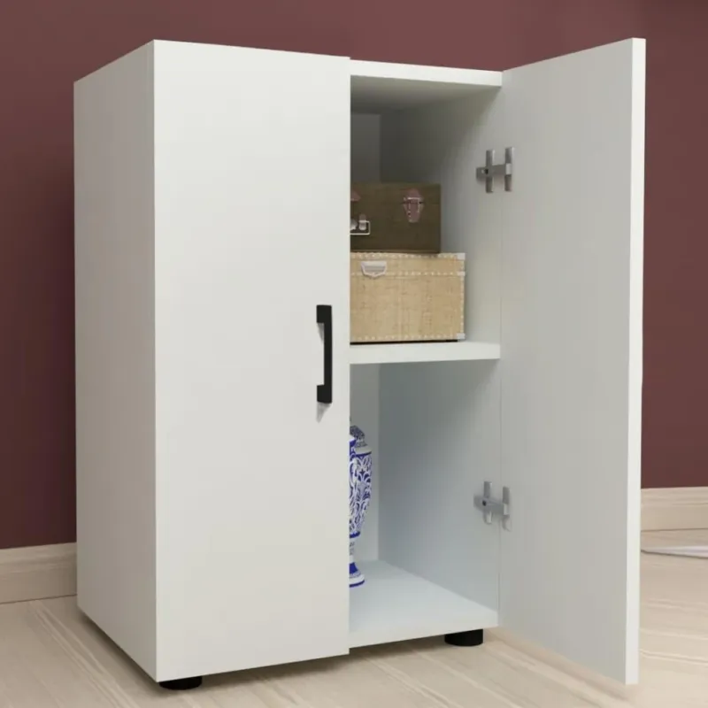 Mobile Multiuso con 2 Ante e 2 Ripiani in Legno Bianco Maniglie Nere 49x32x74cm Spedito Oggi