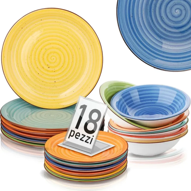 Direttamente Dal Produttore Set da 18 Piatti in Gres Porcellanato Multicolore Servizio da Tavola Sale e Pepe