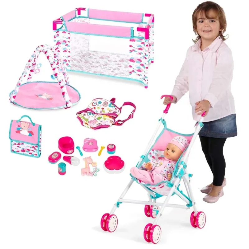 Playset Bambola con Culla Lettino Carrozzino Palestrina Marsupio Bambolotto Novità