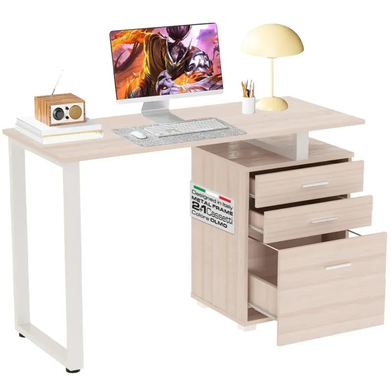 Scrivania con Cassettiera Tavolo Porta Pc Computer Acciaio Piano in Legno Olmo Ultima Occasione
