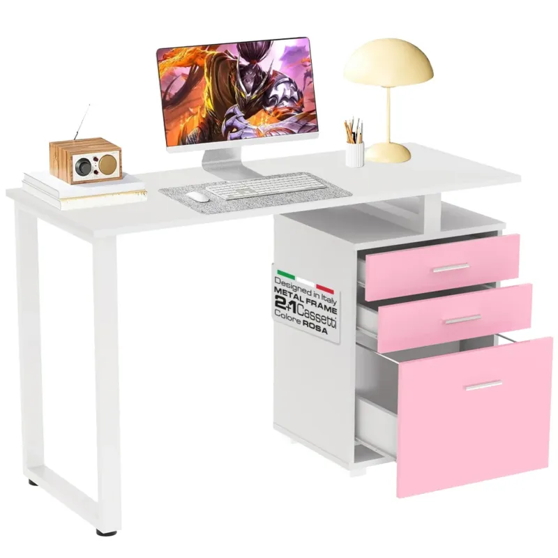 Reso Gratuito Scrivania con Cassettiera Tavolo Porta Pc Computer Acciaio Piano in Legno Rosa
