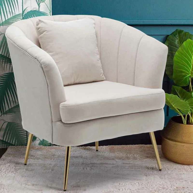Compra Oggi Stesso Poltrona Sedia Relax in Tessuto e Metallo Imbottita Design Moderno Beige Oro