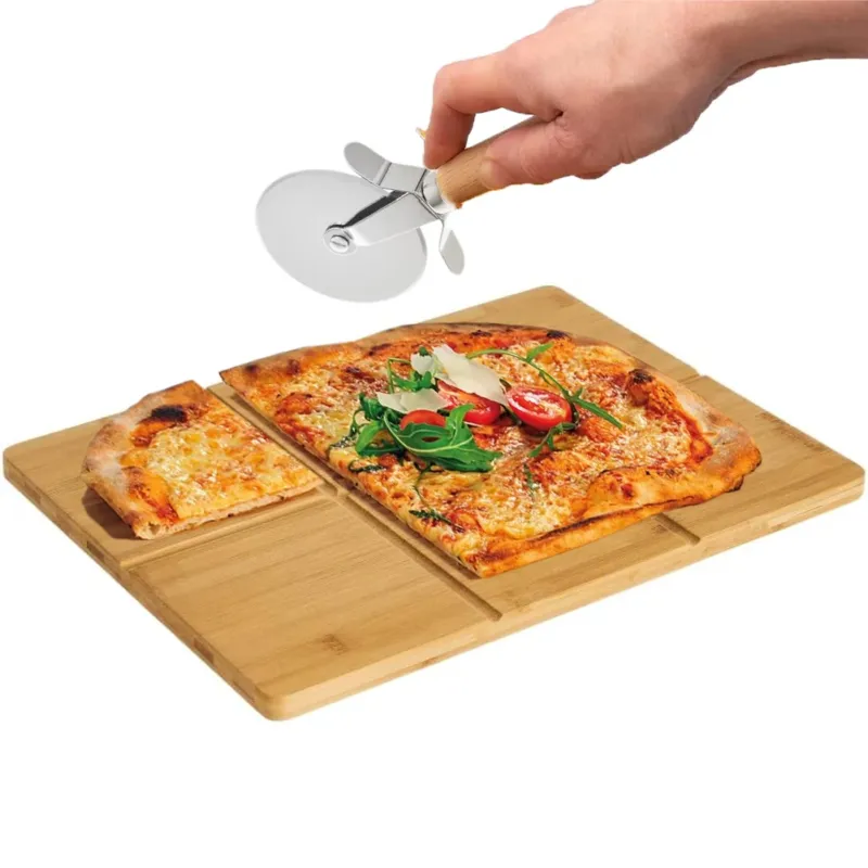 Tagliere in Bambù con Guide per Taglio e Rotellina Taglia Pizza 40 x 30 cm A Buon Prezzo