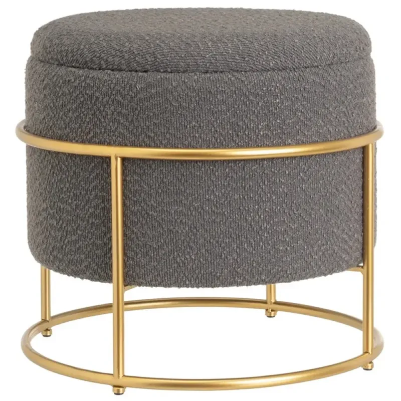 Vendita Finale Pouf Poggiapiedi Contenitore Rotondo in Oro e Tessuto Grigio Scuro 43x43x40cm