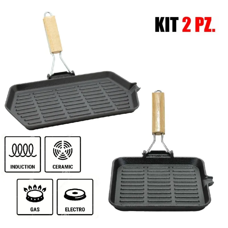 Più Venduto Kit 2pz Bistecchiera in Ghisa Manico Legno Pieghevole Antiaderenti 24x24 21x35cm
