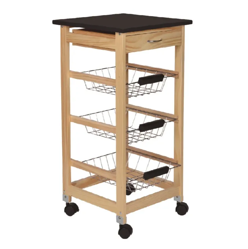 Vendita Finale Carrello Cucina Legno 3 Cestelli Top Nero 1 Cassetto Salvaspazio Noce Naturale