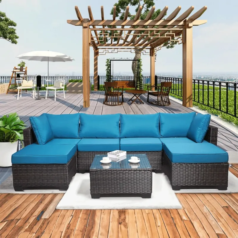 A Buon Prezzo Set Patio Divano Modulabile da Esterno in Polyrattan con Cuscini Blu da Giardino
