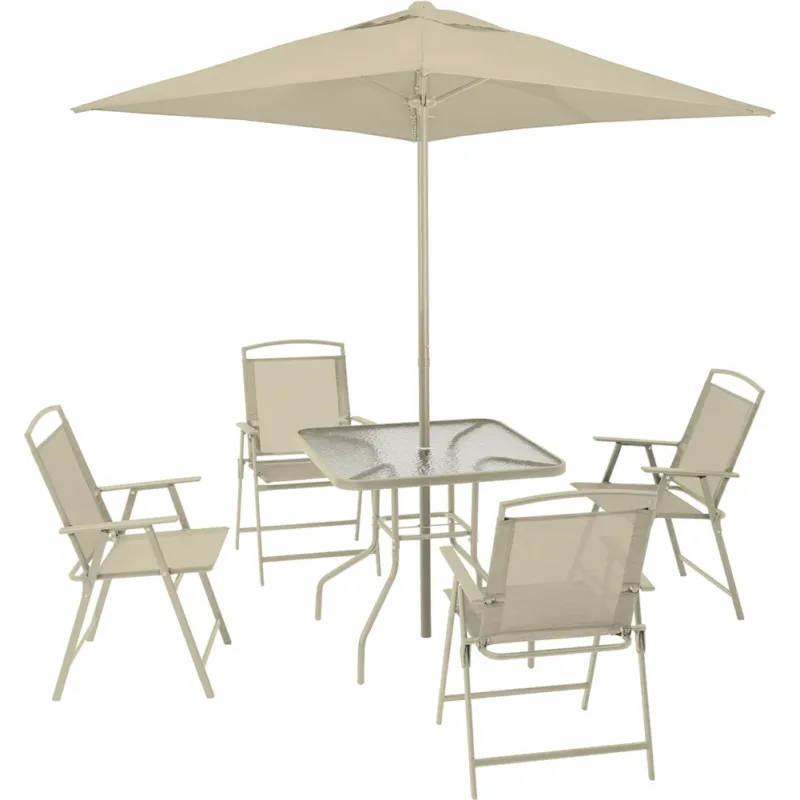 Set da Pranzo 6 Pezzi per Giardino Patio con Ombrellone 4 Sedie Pieghevoli Sabbia Vendita Finale