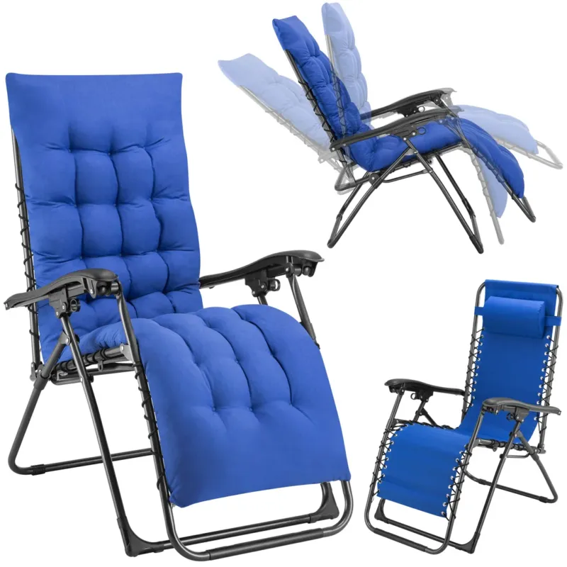 Poltrona da Giardino con Cuscino Imbottito Struttura Acciaio Pieghevole Blu Relax Occasione