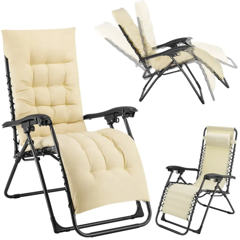 Poltrona da Giardino con Cuscino Imbottito Struttura Acciaio Pieghevole Beige Relax Offerta Del Giorno