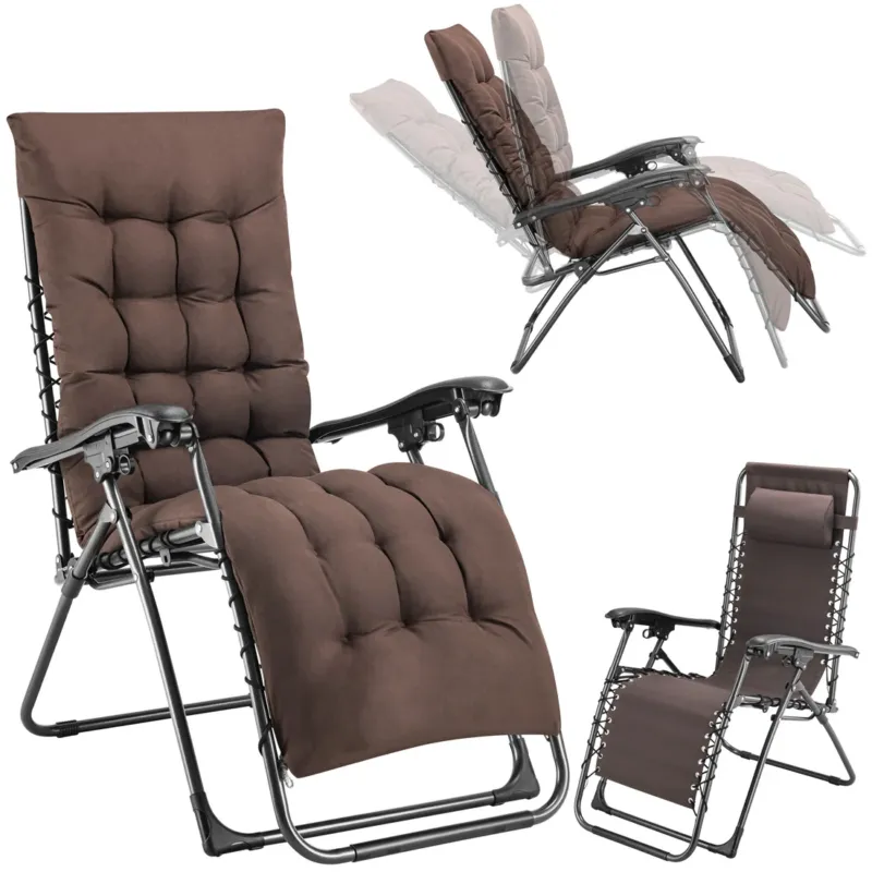 Poltrona da Giardino con Cuscino Imbottito Struttura Acciaio Pieghevole Marrone Relax Promozione