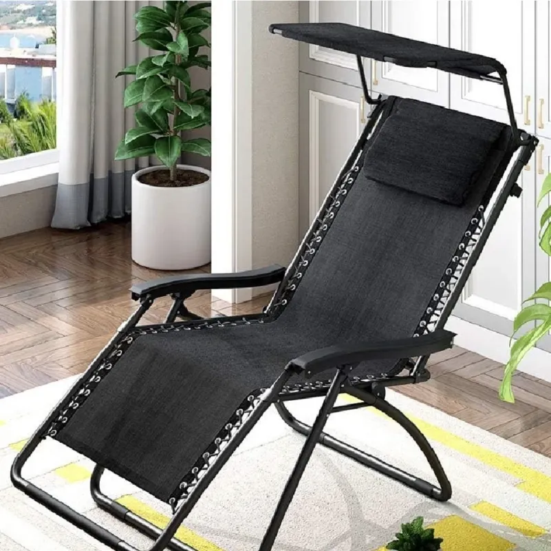A Buon Prezzo Sedia Sdraio con Parasole Nera Reclinabile con Poggiatesta Design Ergonomico