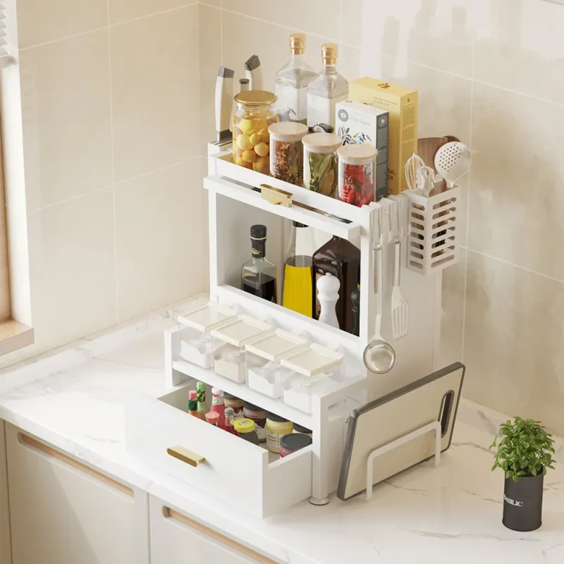 Scaffale Credenza Organizer Portaspezie con Vetrinetta e Cassetto Metallo Bianco Subito Disponibile