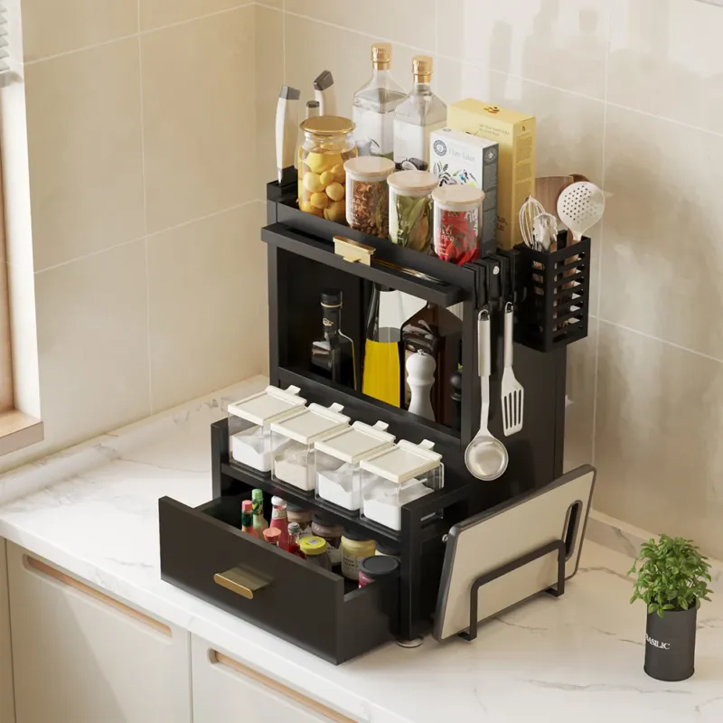 Prezzo Scontato Scaffale Credenza Organizer Portaspezie con Vetrinetta e Cassetto Metallo Nero