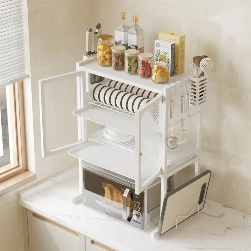 Spedito Oggi Scaffale Credenza Porta Microonde con Vetrinetta in Metallo Bianco 57x37x76cm