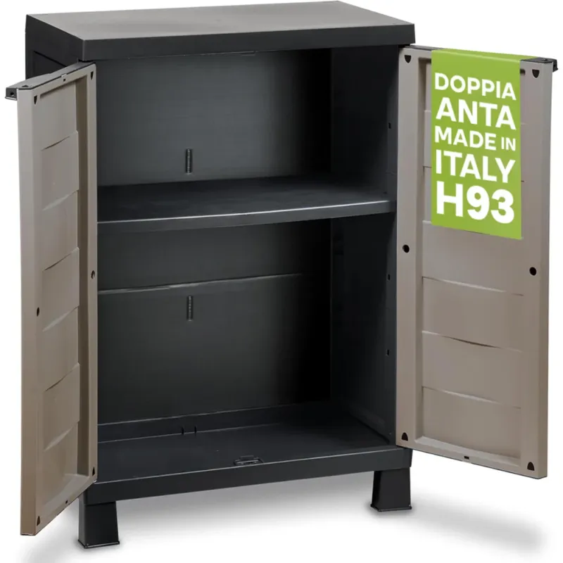 Nuova Collezione Mobile Armadio Basso per esterno in Plastica Doppia Anta Mobiletto Giardino 65x37x93cm