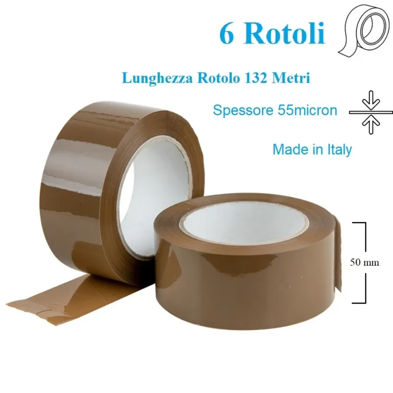 6 Rotoli di Nastro Avana per Imballaggi Marrone Resistente 50mm x 132 Mt. Must-Have