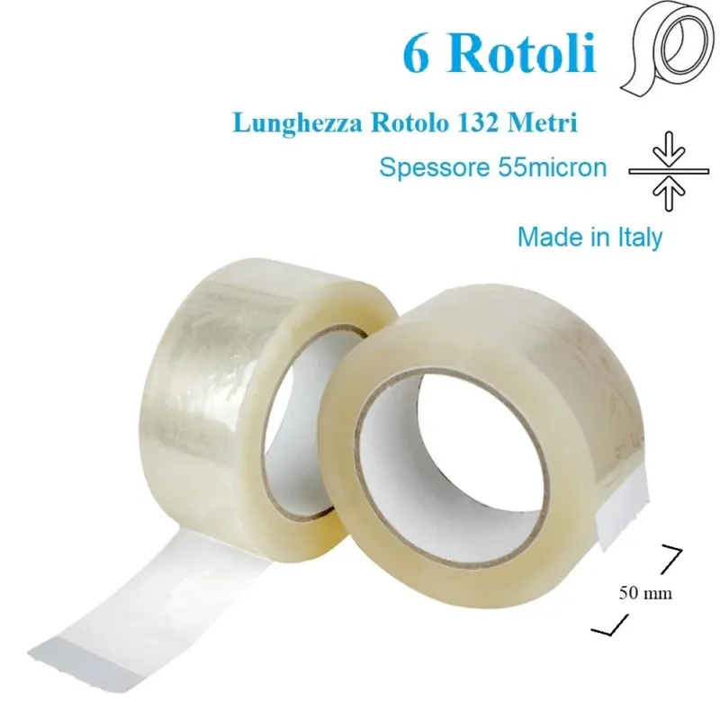 6 Rotoli di Nastro Trasparente per Imballaggi 50mm x 132 Mt Resistente Multiuso Consegna Rapida